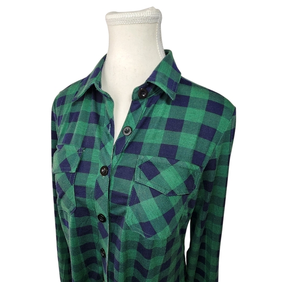 Womens DJT Soft Stretchy Green and Blue Plaid Button-Up Shirt Roll Up Sleeve M - Picture 2 of 8